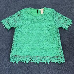 Philosophy Lace Top Womens Large Emerald Green Short Sleeve Lined Blouse Shirt